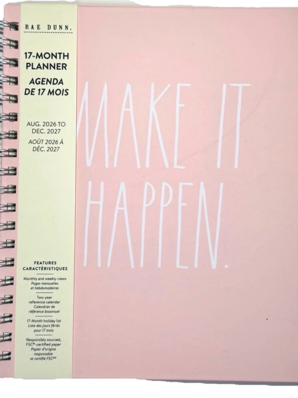Rae Dunn 2027 PLANNER Make It Happen Spiral 17 months Planner Pink 10x8”